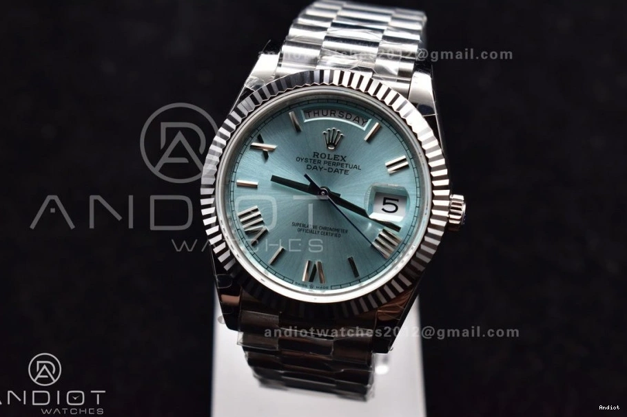 904L 40 Iced Roman Markers On Dial President Steel SS DayDate GMF Bracelet Blue A3255 V2 0123